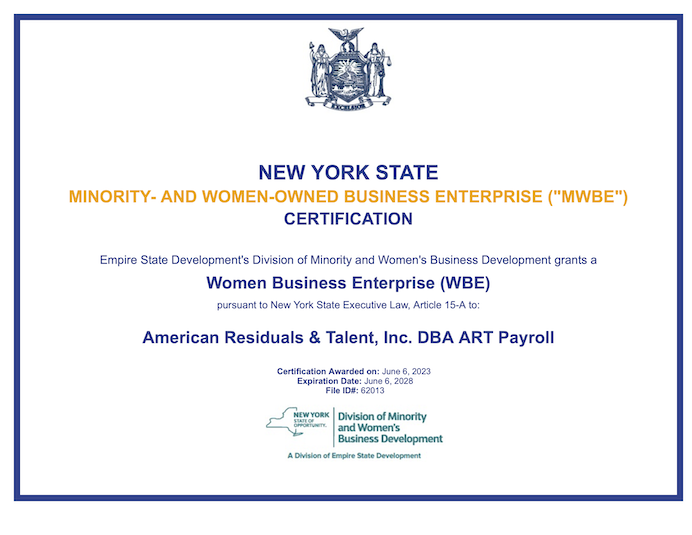 New York State Minority - And Women-Owned Business Enterprise Certification, valid through June 6, 2028